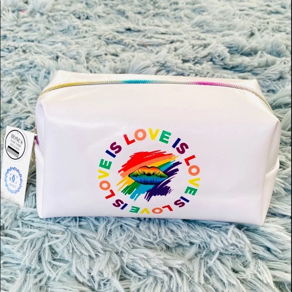 LOVE IS LOVE Medium Cosmetic Travel Bag Multicolor White Vegan Lips LGBTQIA+